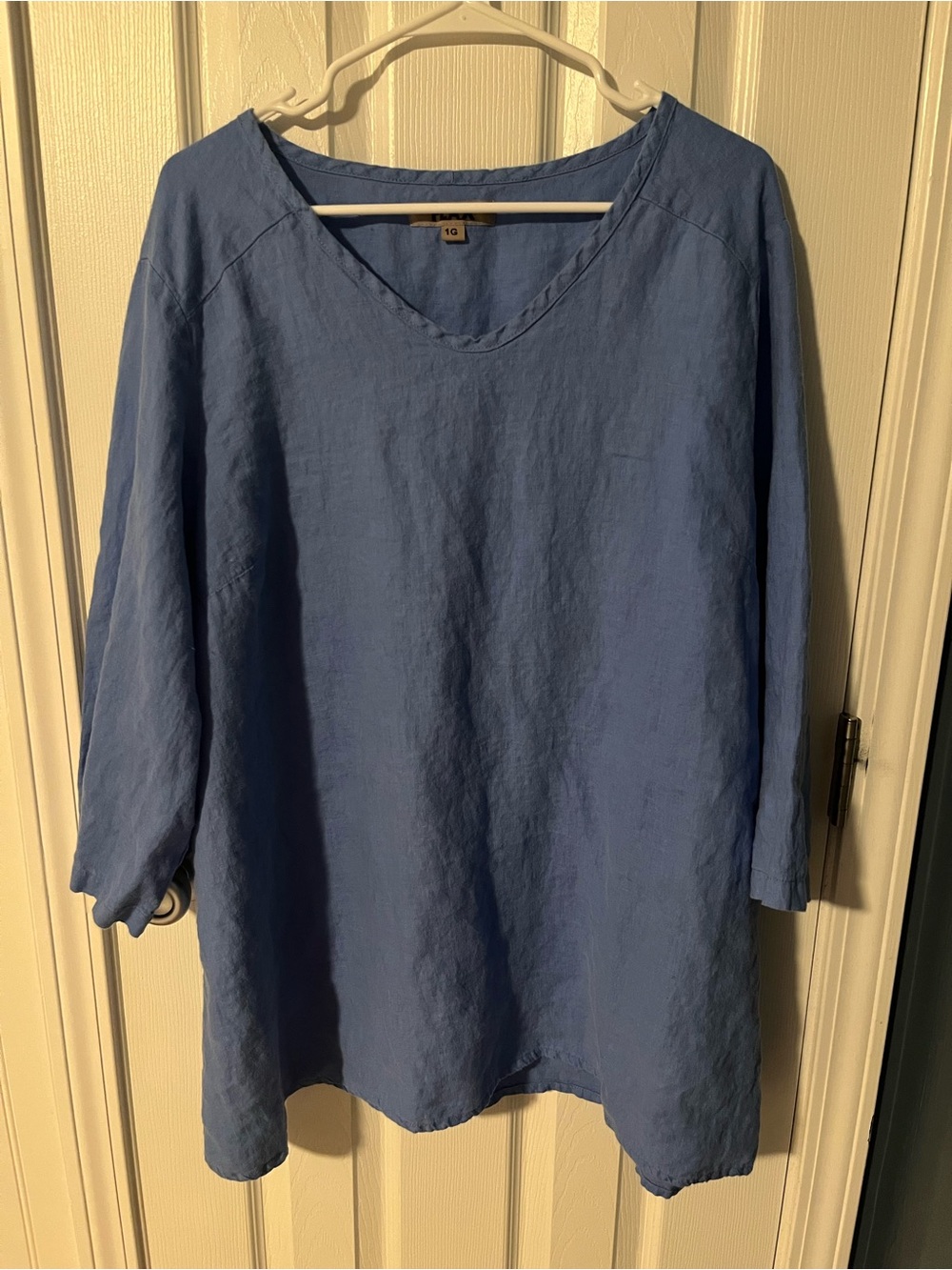 FLAX 100% Linen V-Neck Tunic Blouse Top Blue 1G (Plus Size 18-20)